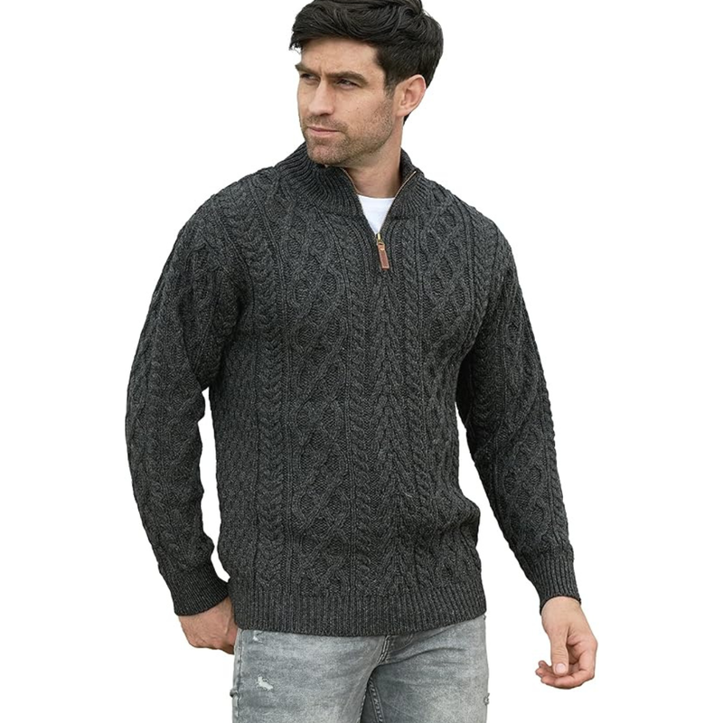 Mens Aran Super Soft Half Zip Sweater - Charcoal